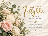 Romantisk bryllupskort med fine blomster og Tillykke-hilsen. Skriv din personlige bryllupshilsen og send kortet gratis online.
