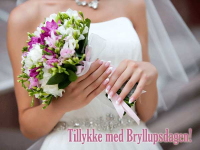 Romantisk bryllupskort med brudepar og smuk buket. Tilføj din personlige bryllupshilsen og send kortet gratis online.