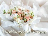 Elegant bryllupskort med hvide blomster og romantisk udtryk. Tilføj din personlige hilsen til brudeparret og send kortet gratis online.