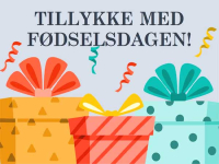 Festligt fødselsdagskort med farverige gaveæsker. Skriv din personlige fødselsdagshilsen og send kortet gratis online.