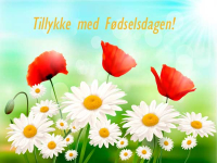 Sødt fødselsdagskort med røde hjerter og blomster. Skriv en personlig fødselsdagshilsen og send kortet gratis online.