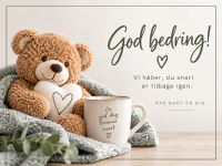 Sødt god bedring-kort med bamse og varme tanker. Skriv din personlige hilsen og send kortet gratis online.