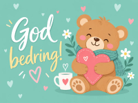 Farverigt god bedring-kort med bamse og hjerter. Tilføj din personlige hilsen og send kortet gratis online.