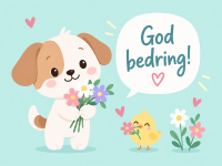 Sødt god bedring-kort med hund, blomster og God bedring-hilsen. Tilføj din personlige tekst og send kortet gratis online.