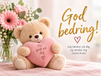 Sødt god bedring-kort til en veninde med bamse og blomster. Skriv en personlig hilsen og send kortet gratis online.