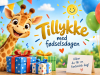 Farverigt fødselsdagskort til børn med giraf, balloner og gaver. Tilføj din personlige hilsen og send kortet gratis online.
