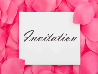 Rosa invitation med dekorativ sløjfe og elegant design. Skriv din personlige tekst og send invitationen gratis online.