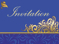 Elegant blå invitation med dekorative gulddetaljer. Skriv din personlige tekst og send invitationen gratis online.