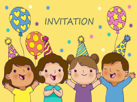 Farverig invitation til børnefødselsdag med glade børn. Skriv tid, sted og din personlige tekst og send invitationen gratis online.