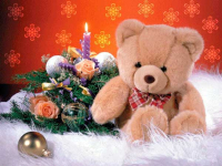 Hyggeligt julekort med bamse, julegaver og varm julestemning. Skriv din personlige julehilsen og send kortet gratis online.