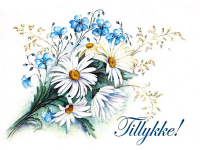 Elegant tillykkekort med blå blomster og Tillykke-hilsen. Tilføj din personlige lykønskning og send kortet gratis online.
