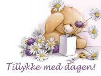 Sødt tillykkekort med bamse og blomster samt Tillykke med dagen-hilsen. Tilføj din personlige tekst og send kortet gratis online.